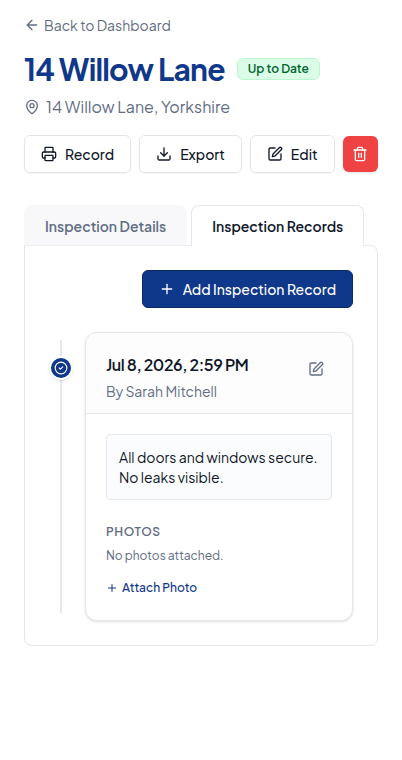 Inspection Record app showing a property inspection log