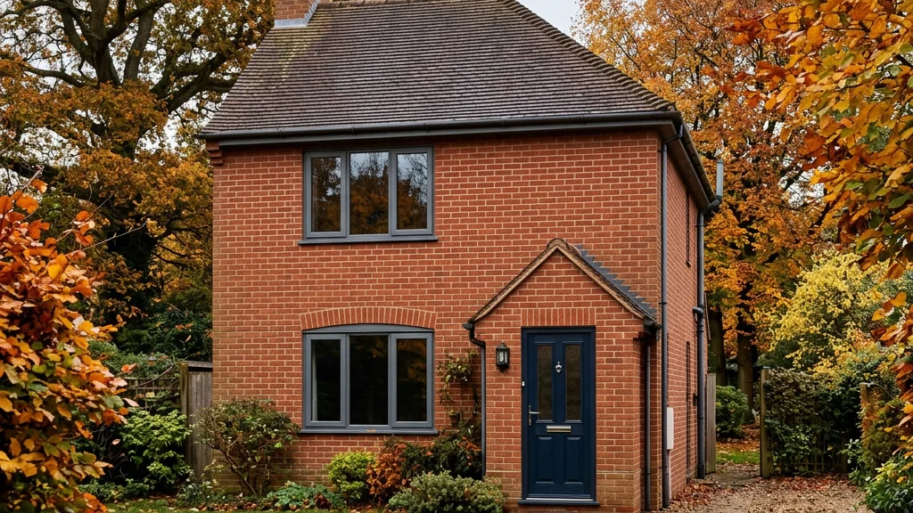 Red brick house with reflective windows surrounded by golden autumn foliage